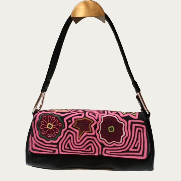 Vintage CHENSON Pink and Black Faux Leather Embroidered Shoulder Bag - Picture 1 of 17